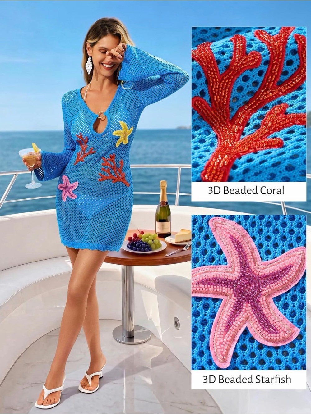 Blue Beaded Coral & Starfish Mesh Cover-Up Dress